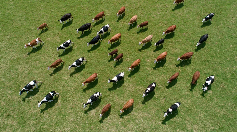 Aerial top-down view of a mixed herd of cattle grazing in a green pasture