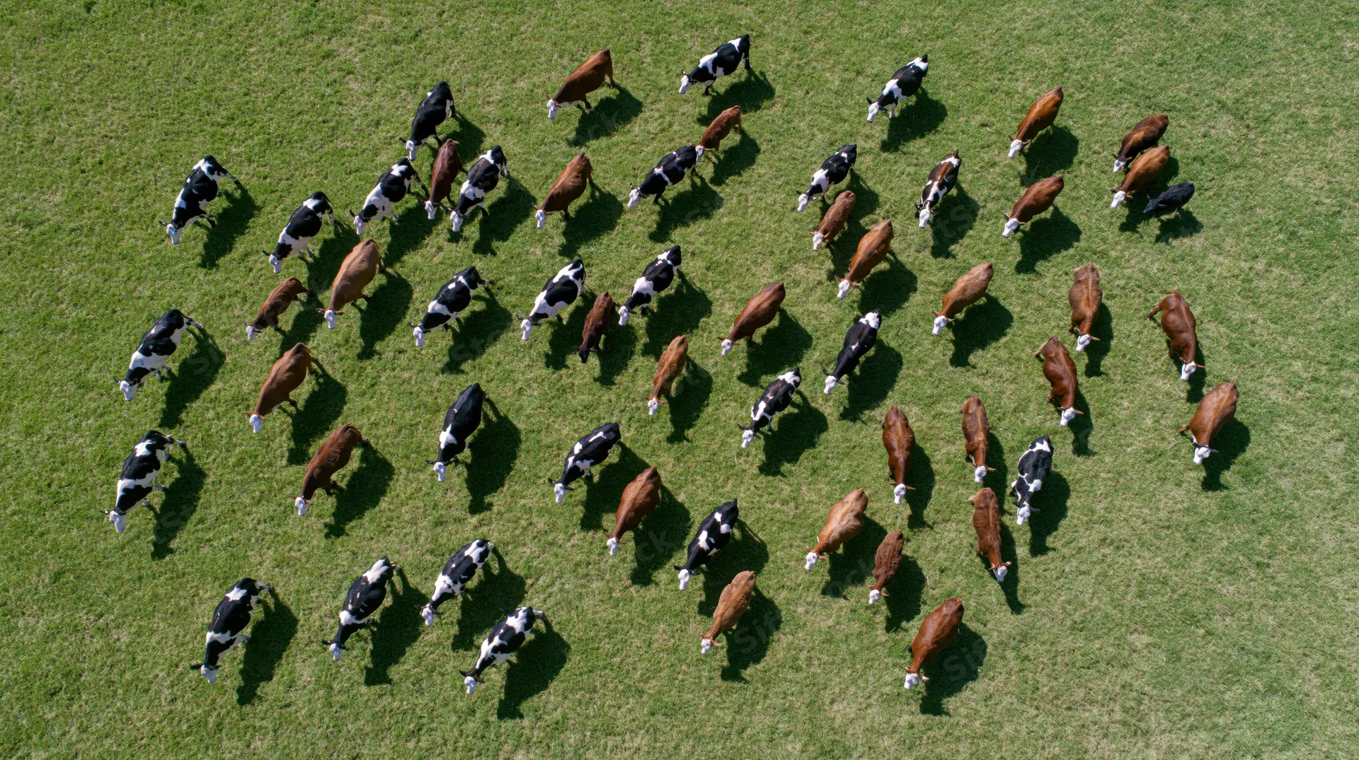 Aerial top-down view of a mixed herd of black-and-white and brown cattle grazing in a green pasture
