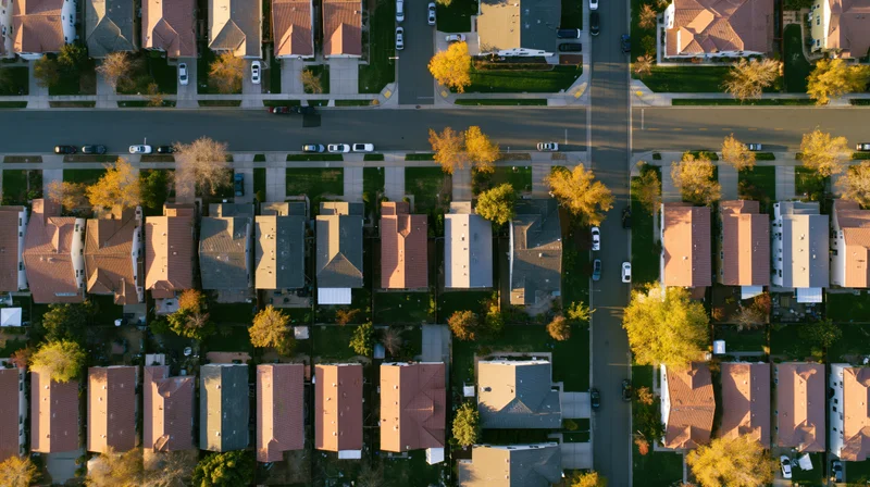 Aerial top-down view of a suburban residential neighborhood with houses, streets, and autumn trees