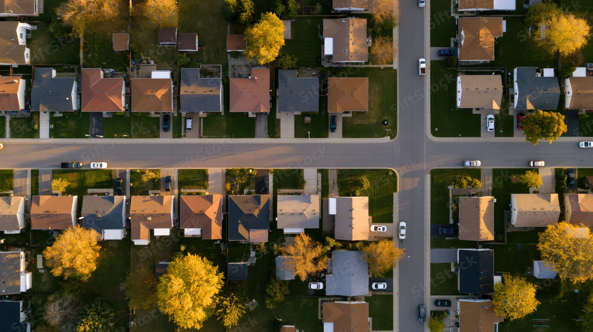 Aerial top-down view of suburban residential neighborhood with houses, streets, and autumn trees
