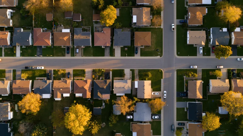 Aerial top-down view of suburban residential neighborhood with houses, streets, and autumn trees
