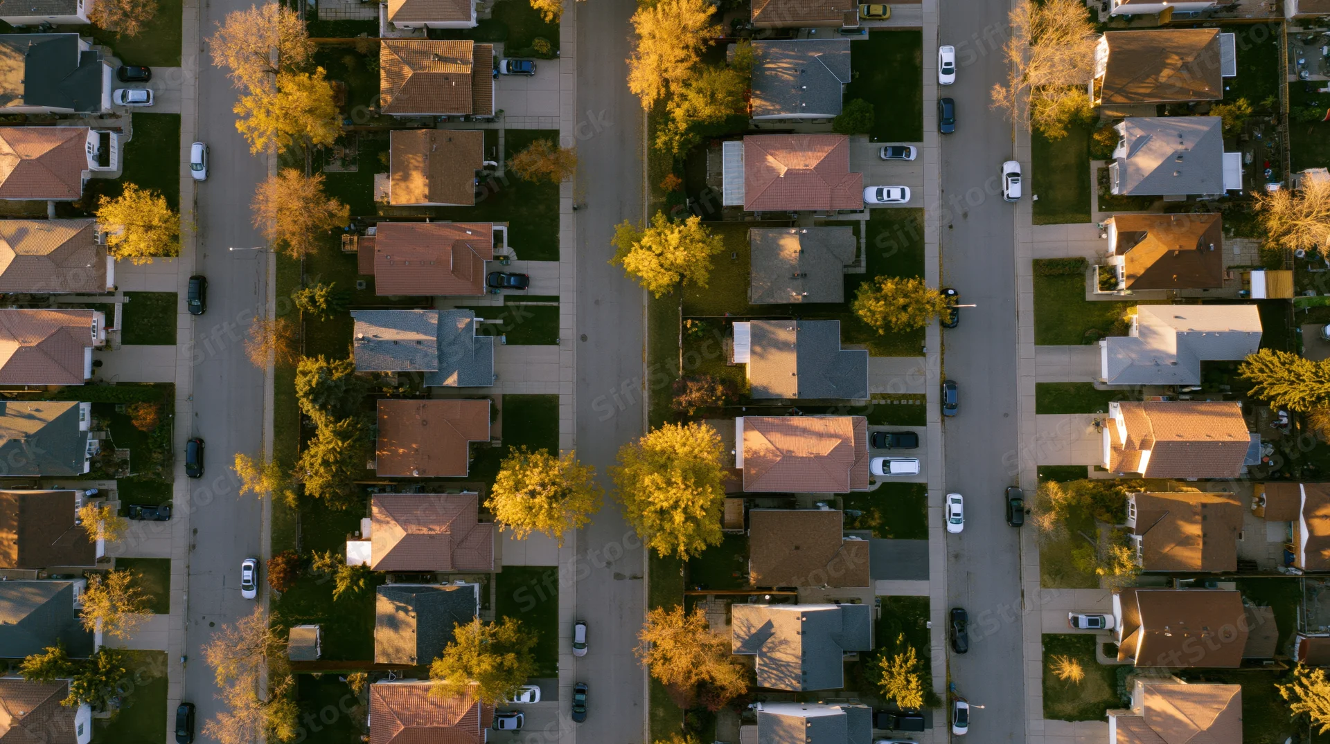 Aerial top-down view of a quiet suburban residential neighborhood with houses, streets, trees, and lawns in autumn light