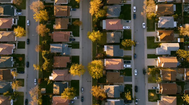 Aerial top-down view of a quiet suburban residential neighborhood with houses, streets, trees, and lawns in autumn light