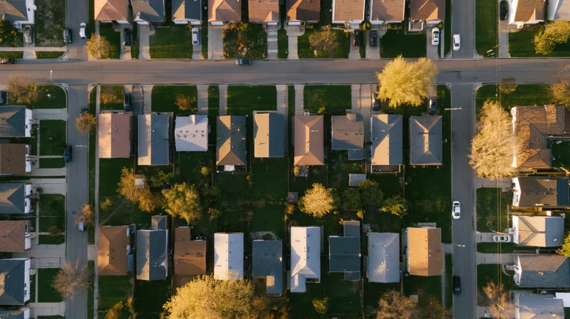 Aerial top-down view of suburban residential neighborhood with houses, streets, and lawns