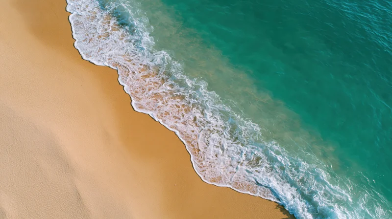Aerial top-down view of waves meeting sandy beach shoreline