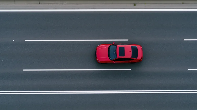 Red sedan driving alone on a multi-lane highway viewed from above