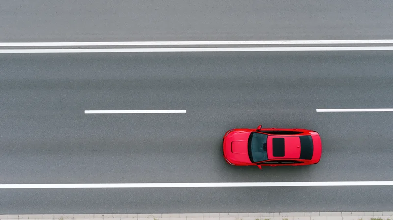 Red sedan driving alone on a multi-lane highway viewed from above