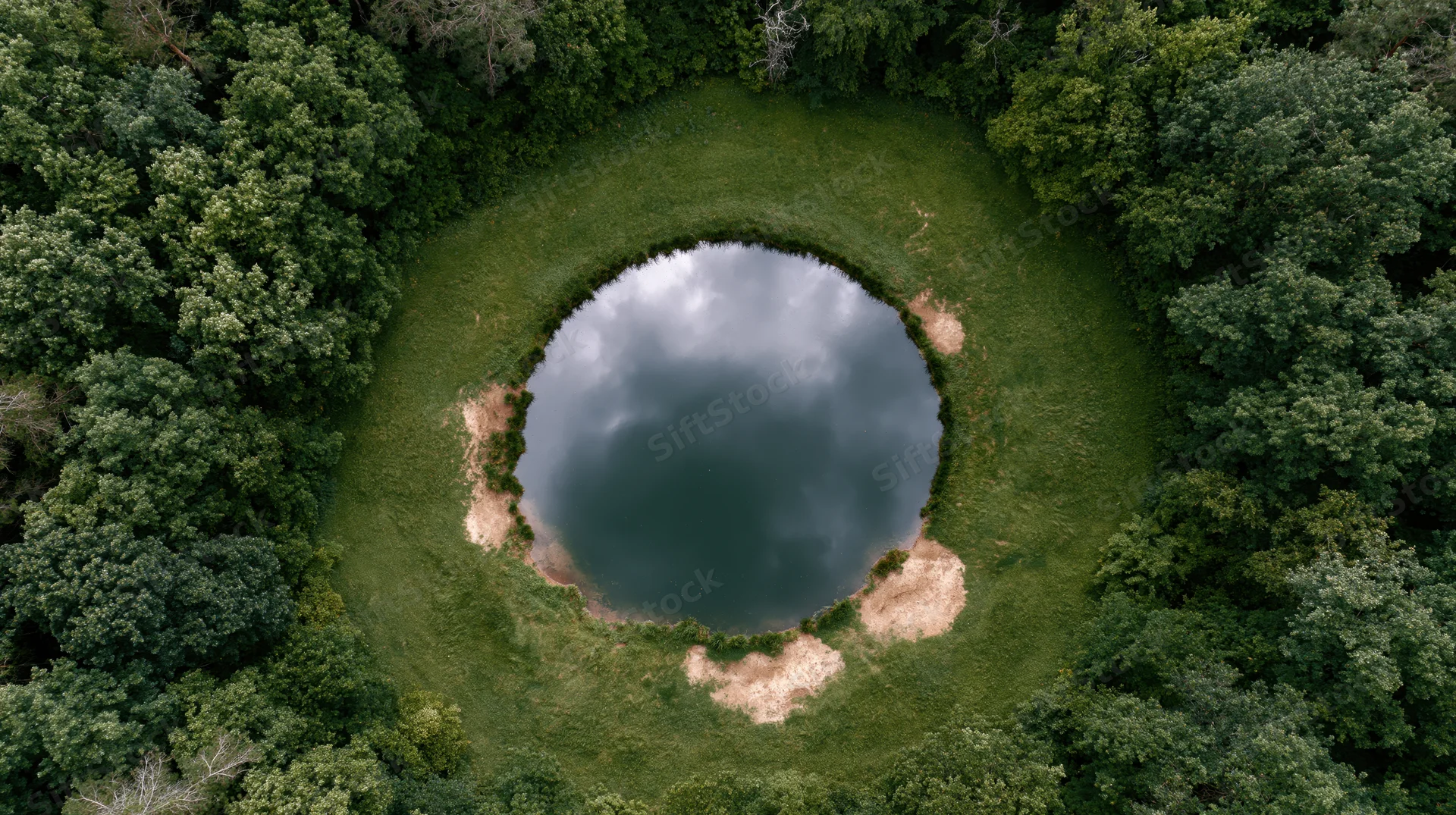 Aerial top-down view of a circular lake surrounded by dense forest and green grass, reflecting cloudy sky