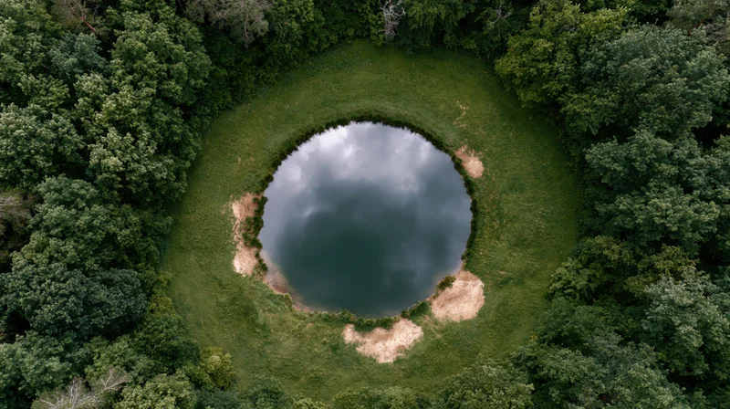 Aerial top-down view of a circular lake surrounded by dense forest and green grass, reflecting cloudy sky