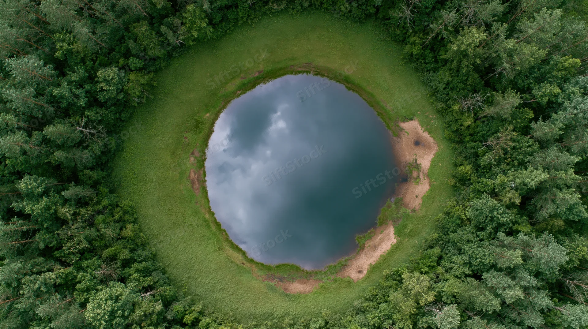 Aerial top-down view of a circular lake surrounded by dense forest and green meadow, reflecting cloudy sky