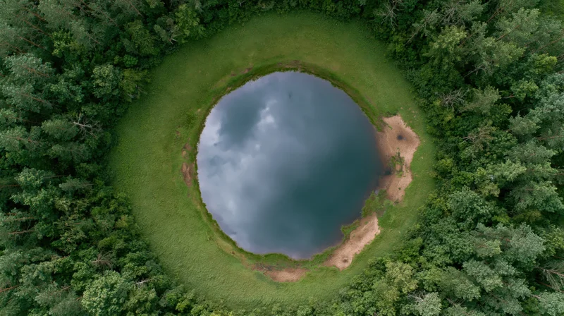 Aerial top-down view of a circular lake surrounded by dense forest and green meadow, reflecting cloudy sky