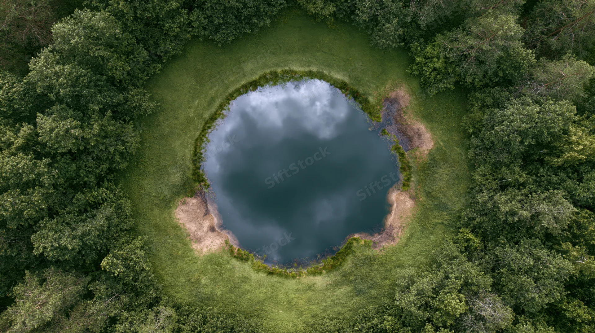 Aerial top-down view of a circular lake surrounded by dense forest and green meadow