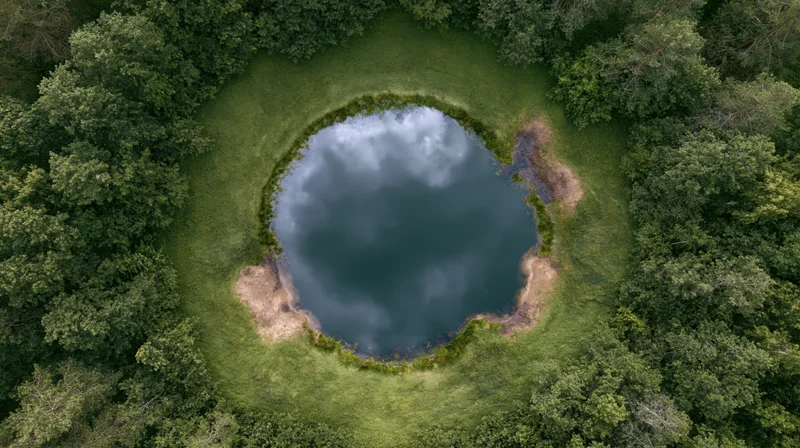 Aerial top-down view of a circular lake surrounded by dense forest and green meadow