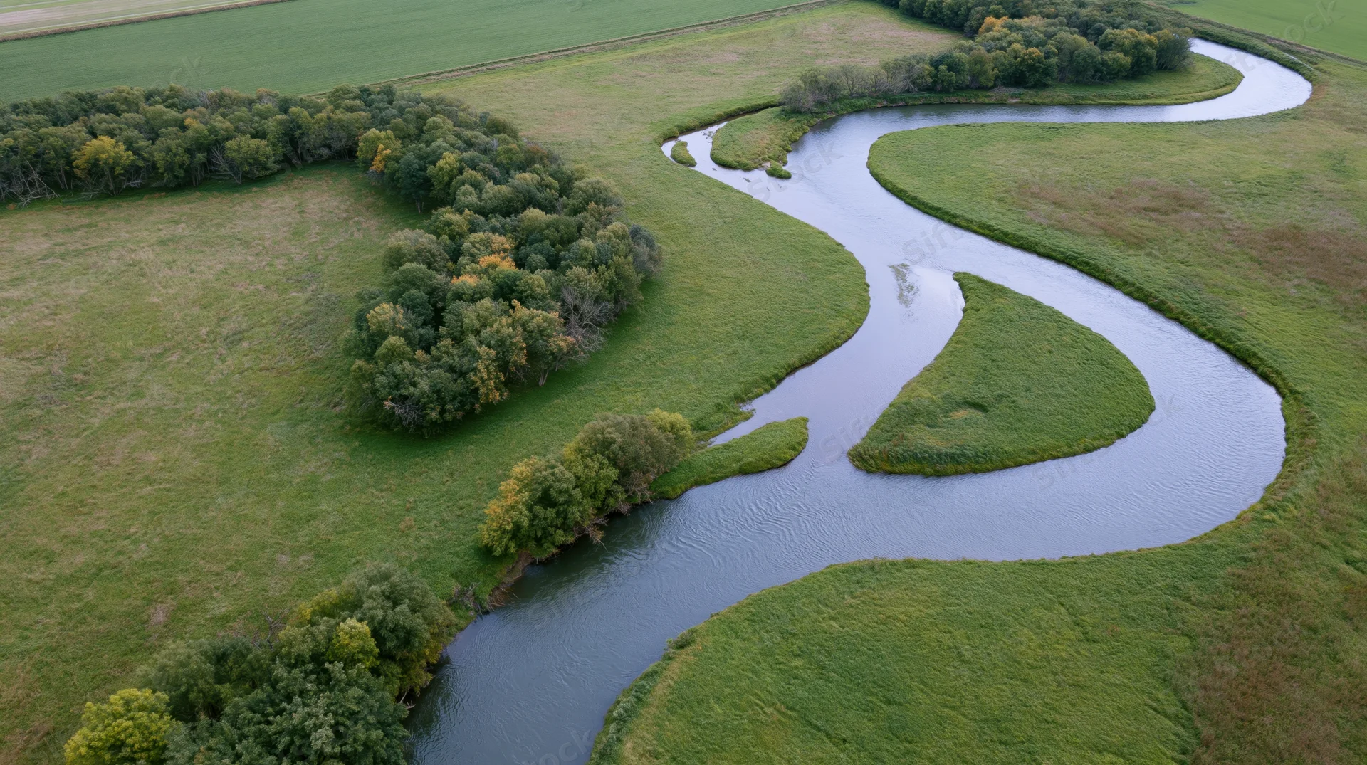 Aerial top-down view of a meandering river winding through green fields and tree-lined banks