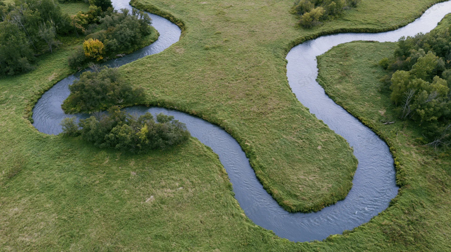 Aerial top-down view of a meandering river winding through green grasslands and trees