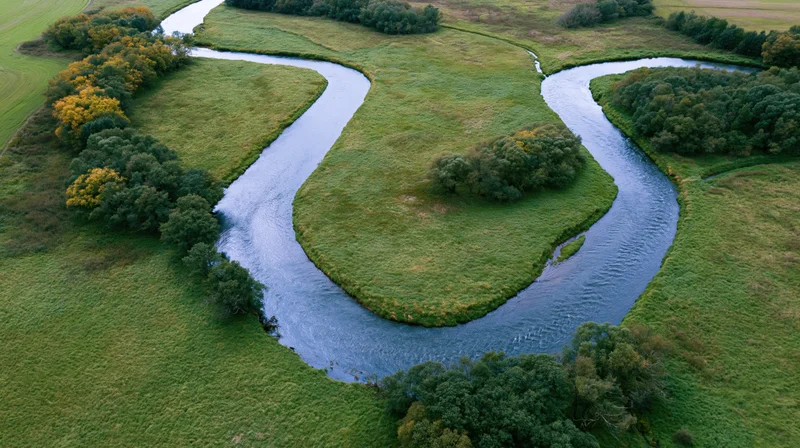 Aerial top-down view of a meandering river winding through green fields and autumn trees