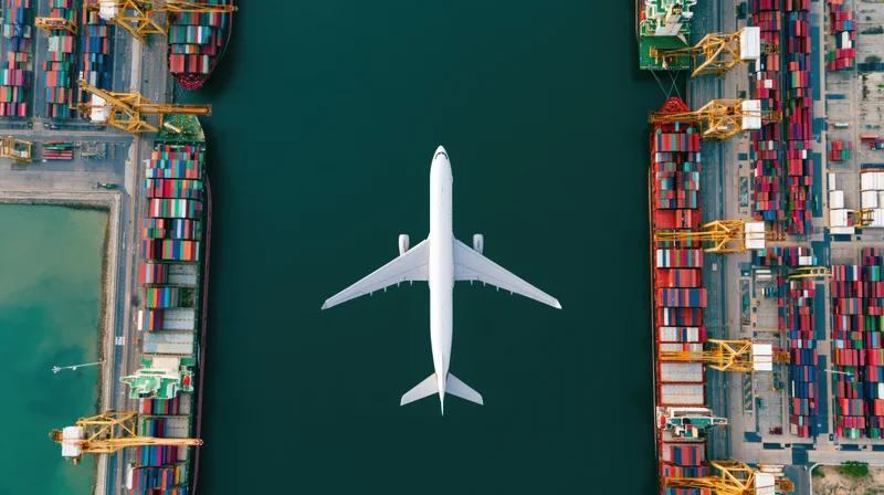 White cargo airplane flying over a container port with ships and cranes