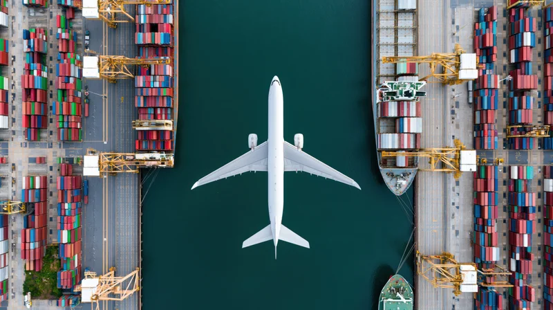 Aerial top-down view of a white commercial cargo airplane flying