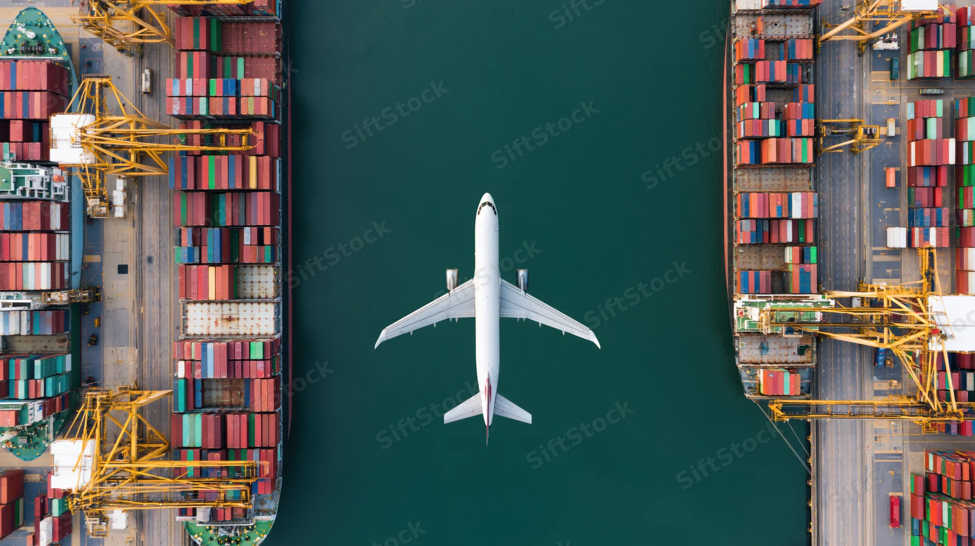 White cargo airplane flying over shipping port with container ships and cranes