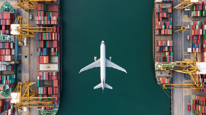 White cargo airplane flying over shipping port with container ships and cranes