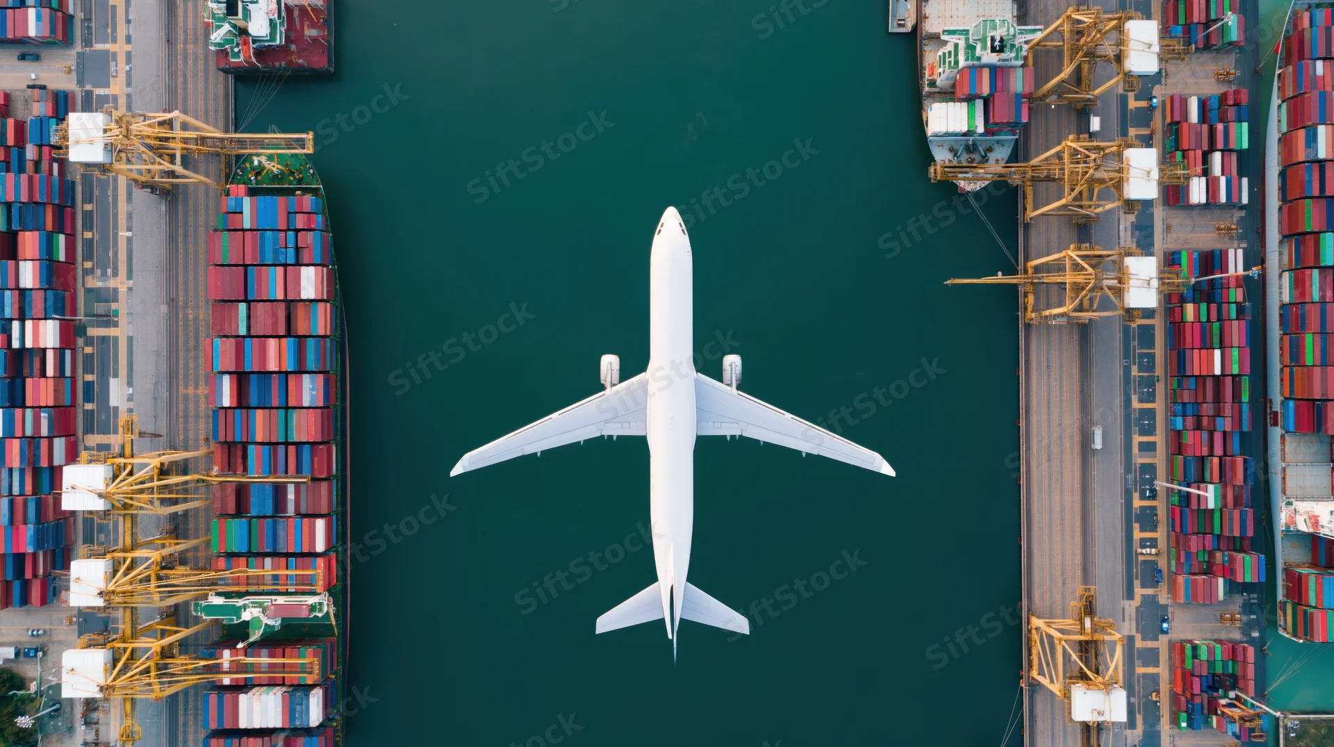 White cargo airplane flying over a container port with ships and cranes