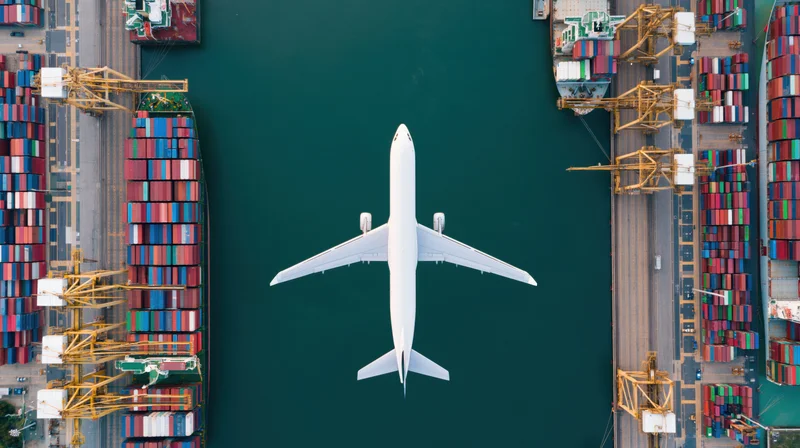 White cargo airplane flying over a container port with ships and cranes