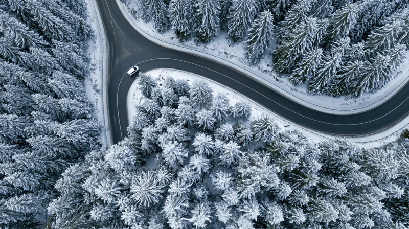 Aerial view of a winding road through a snow-covered pine forest with a car driving along it
