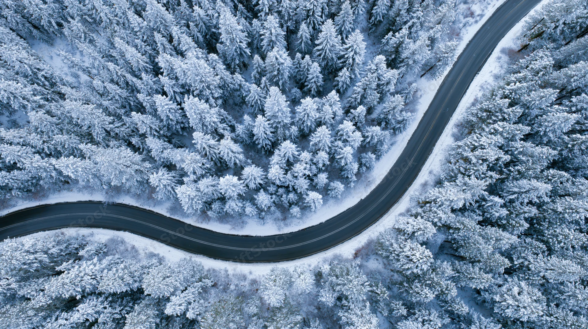 Winding road through snow-covered forest from aerial view
