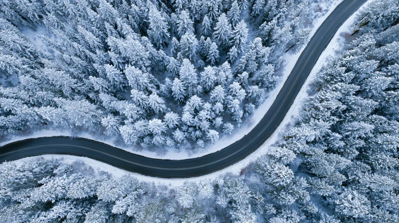 Winding road through snow-covered forest from aerial view