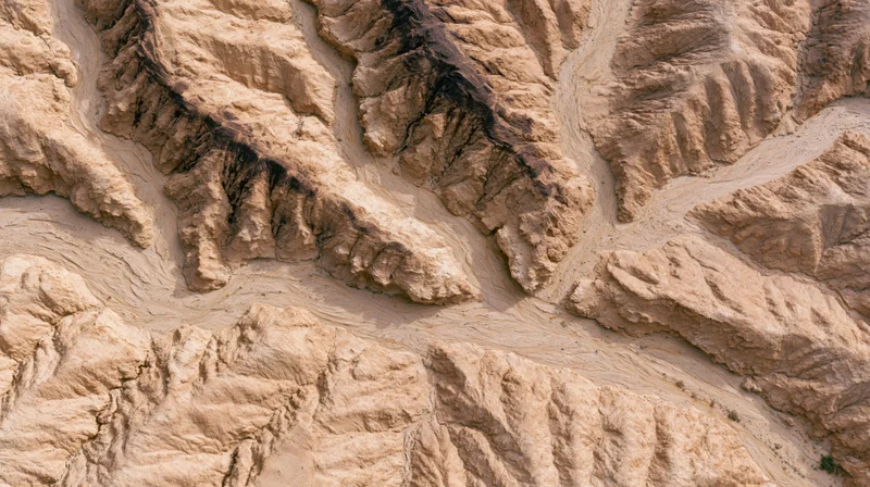 Aerial top-down view of arid desert canyon system with braided erosion patterns and exposed sedimentary rock layers