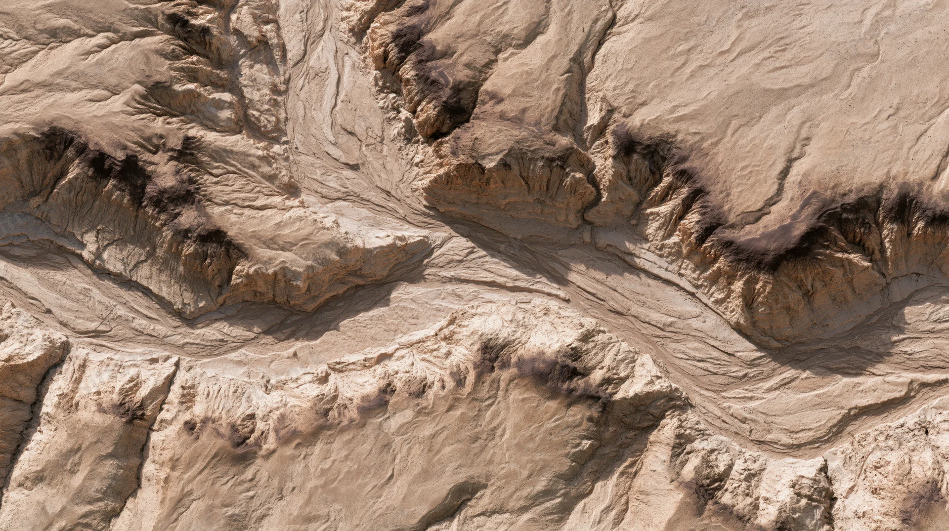 Aerial top-down view of an arid desert canyon system with braided erosion patterns and layered rock formations