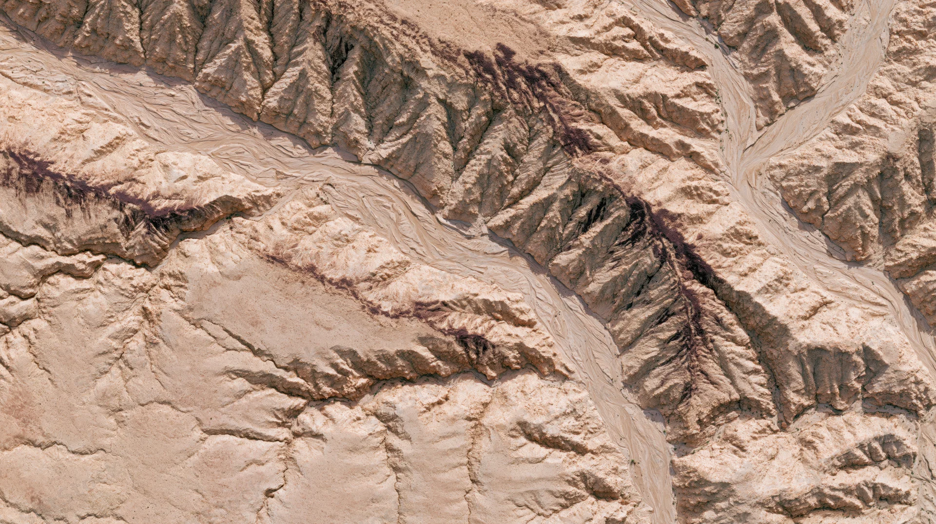 Aerial top-down view of an arid desert canyon system with braided erosion patterns and sedimentary rock layers