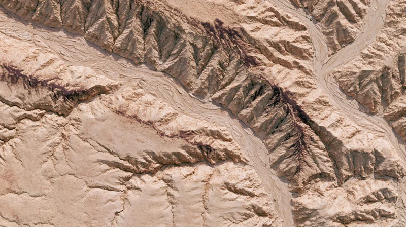 Aerial top-down view of an arid desert canyon system with braided erosion patterns and sedimentary rock layers