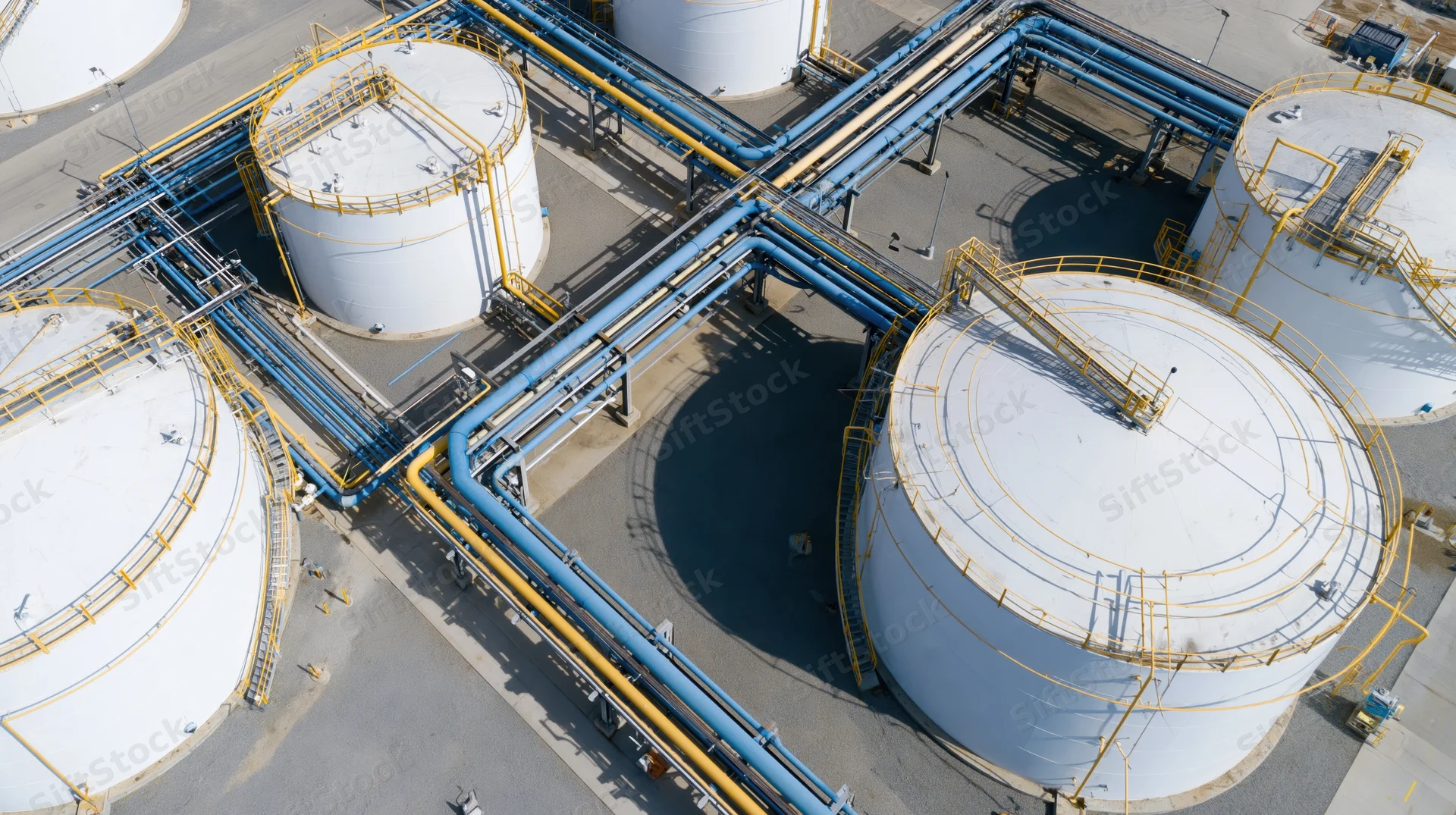 Aerial top-down view of industrial gas storage facility with white tanks and blue-yellow pipelines