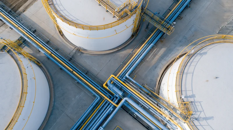 Aerial top-down view of industrial gas storage facility with white tanks and blue pipelines on concrete ground
