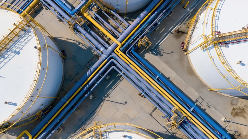 Aerial top-down view of industrial gas storage facility with large white tanks and blue yellow pipelines