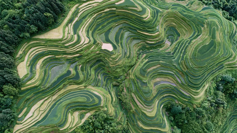 Aerial top-down view of cascading rice terraces carved into hilly landscape with green fields and water channels