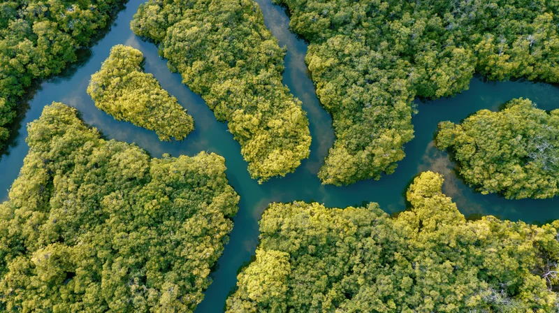 Aerial top-down view of dense mangrove forest split by winding river