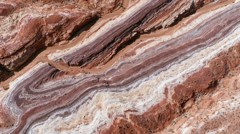 Aerial view of eroded desert canyon with layered sedimentary rock formations