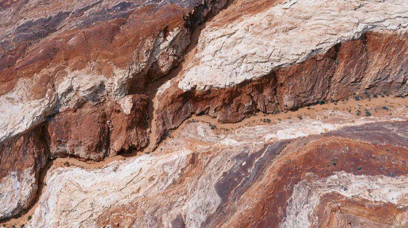 Aerial top-down view of eroded desert canyon with layered rock formations