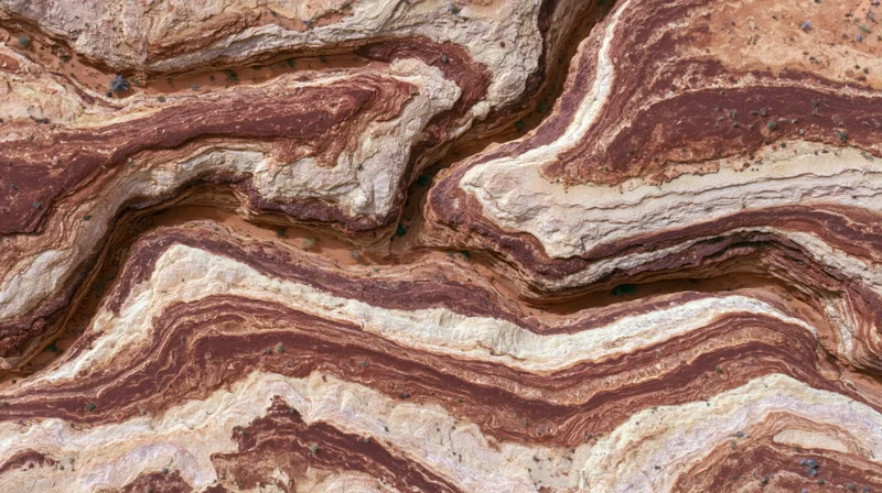 Aerial view of layered rock formations in a desert canyon