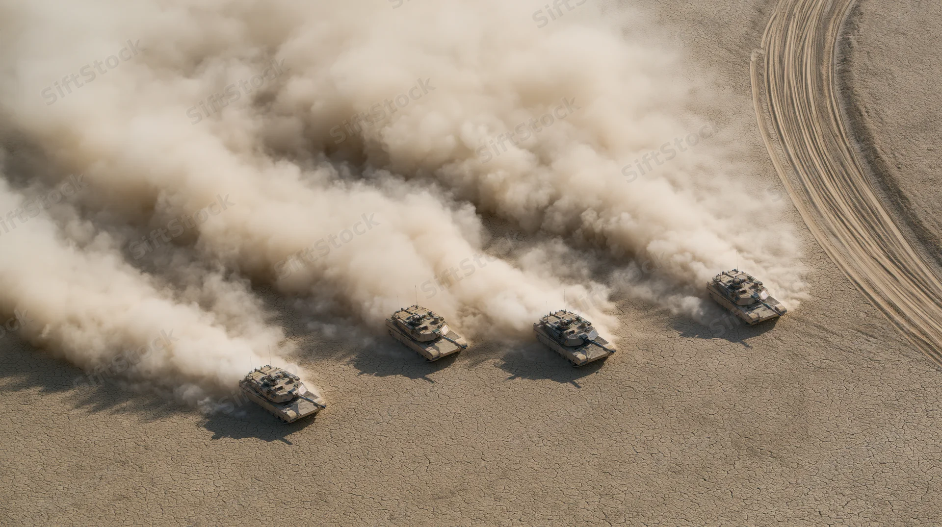 Four military tanks moving in formation across a dusty desert terrain from an aerial top-down view