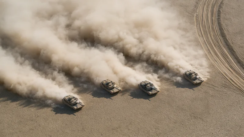 Four military tanks moving in formation across a dusty desert terrain from an aerial top-down view