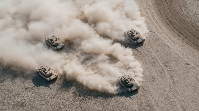 Four military tanks moving in formation across cracked desert ground, viewed from above, emitting smoke and dust trails