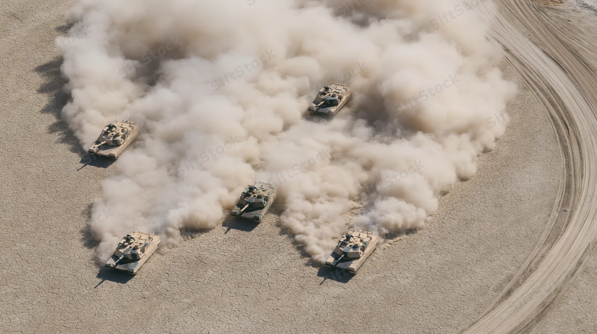Four military tanks moving in formation through a dusty desert landscape viewed from above