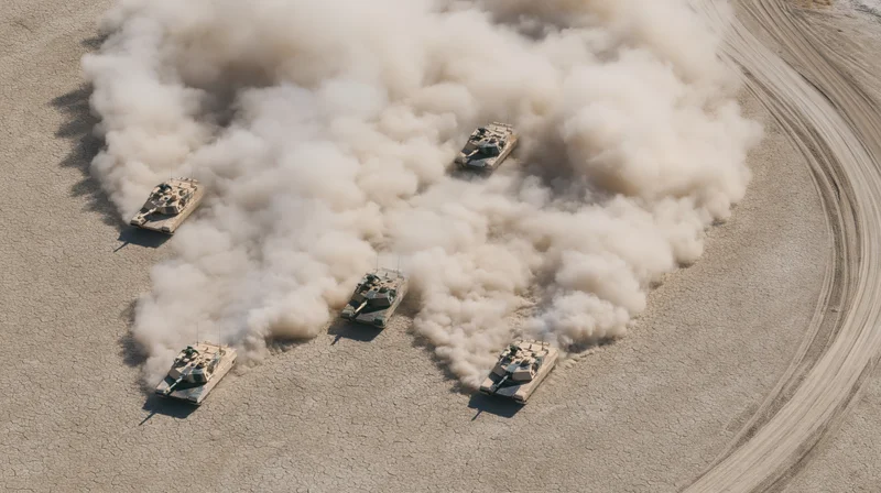 Four military tanks moving in formation through a dusty desert landscape viewed from above