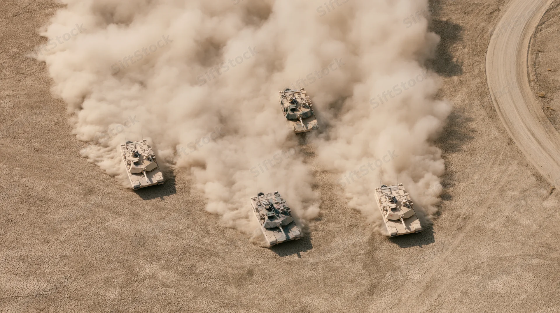 Four military tanks moving in formation across a dusty desert terrain