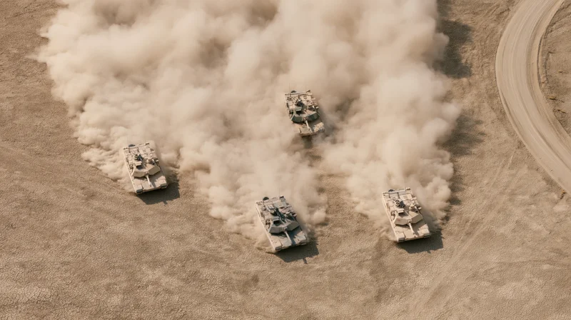 Four military tanks moving in formation across a dusty desert terrain