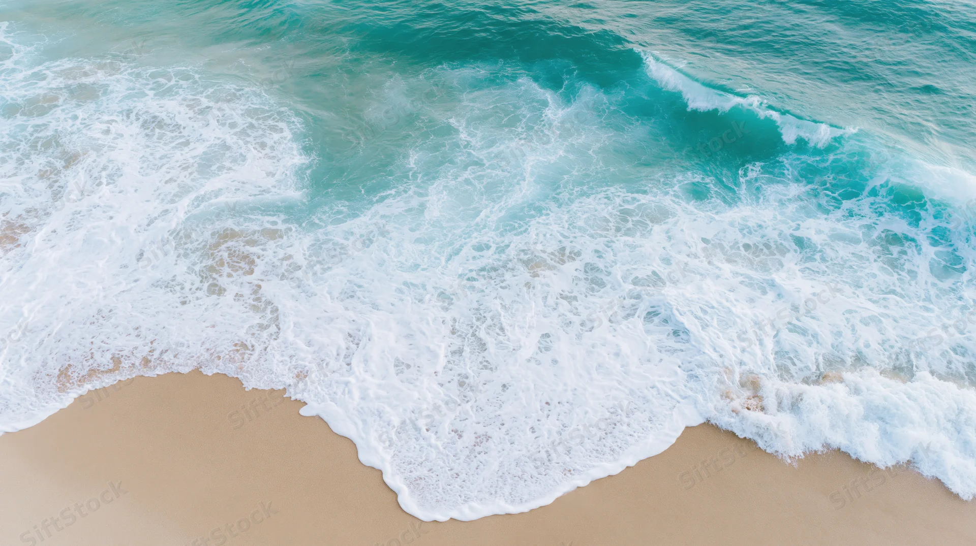 Aerial top-down view of gentle ocean waves washing onto a sandy beach