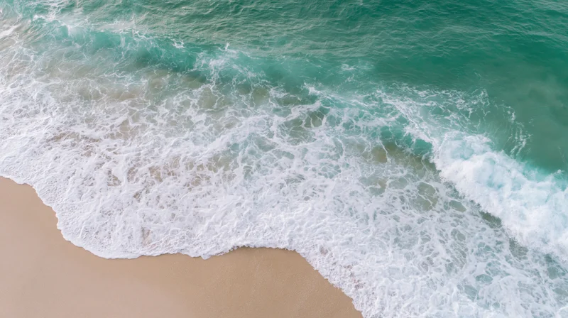Aerial top-down view of gentle ocean waves washing onto a sandy beach